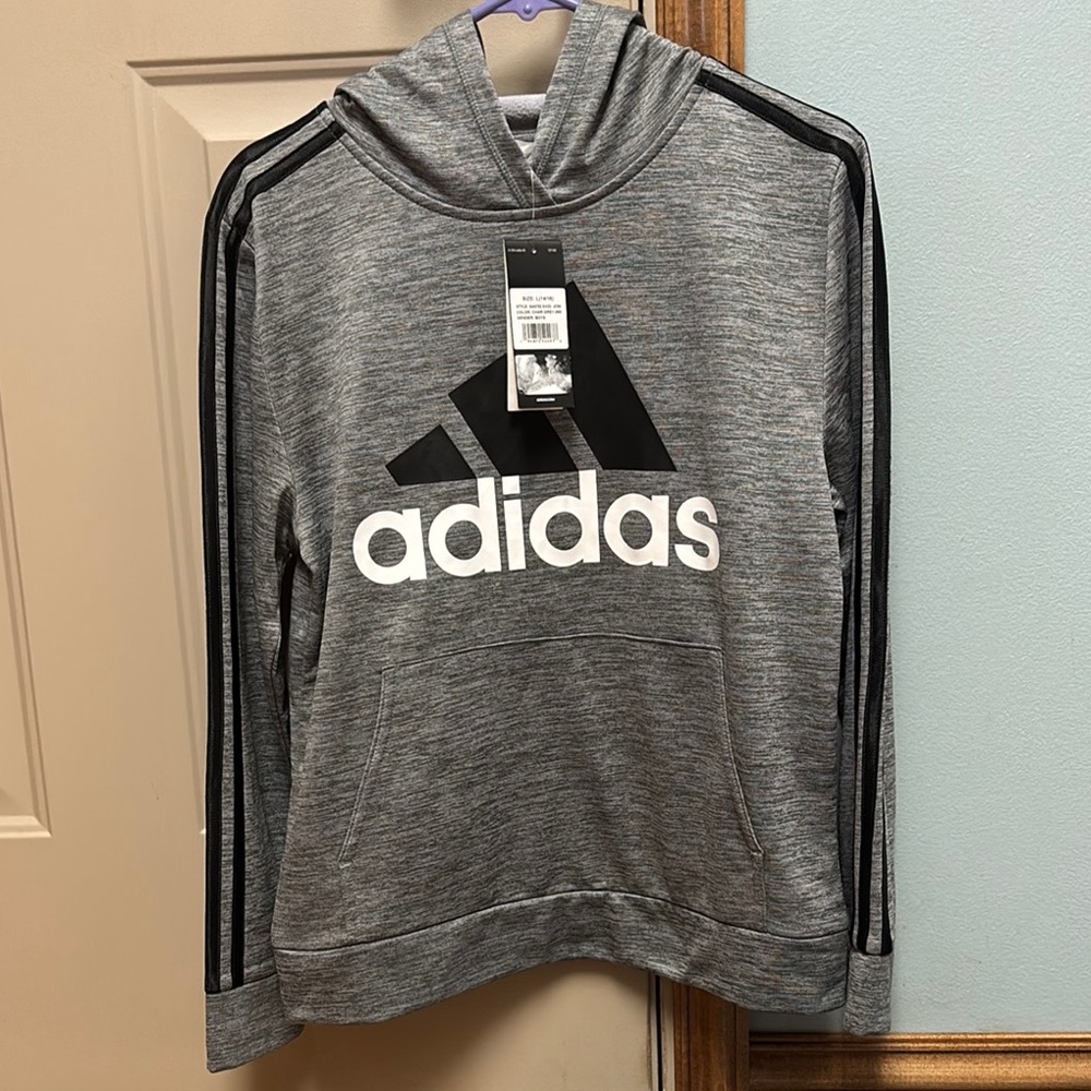 Adidas Gray and Black Sweater with Iconic Stripes Boys L(14/16)